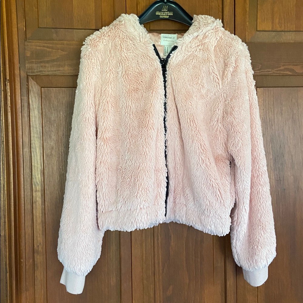 F21 Pink Faux Fur Hooded Jacket w/Black Trim and Satin Lining Medium - Picture 8 of 13